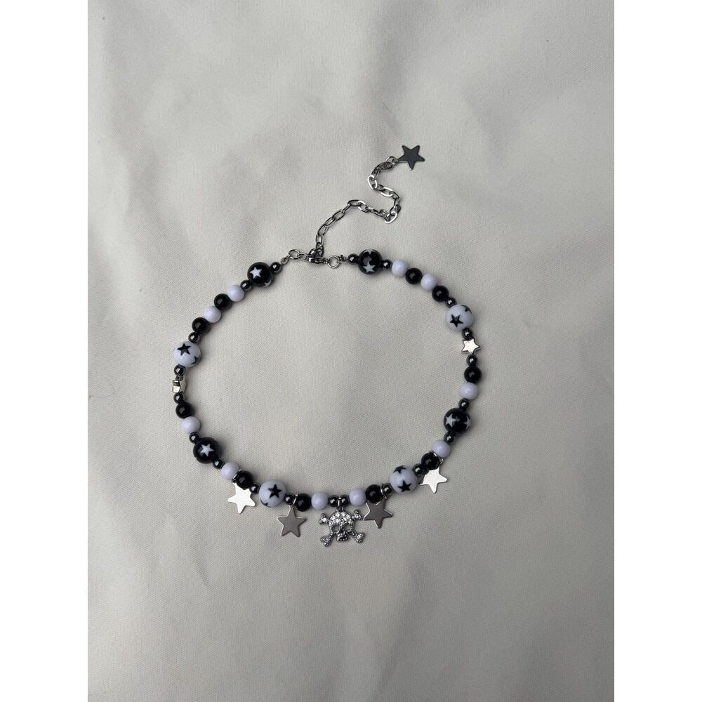 Brand New Y2K Black & White Beaded Star Necklace Skull Charm Celestial Jewelry